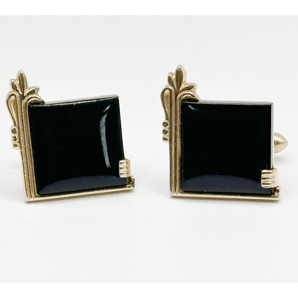 Swank Art Deco Black Cabochon Square‎ Cufflinks